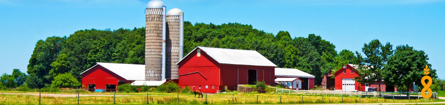 A bright red barn with 2 large grain barrals